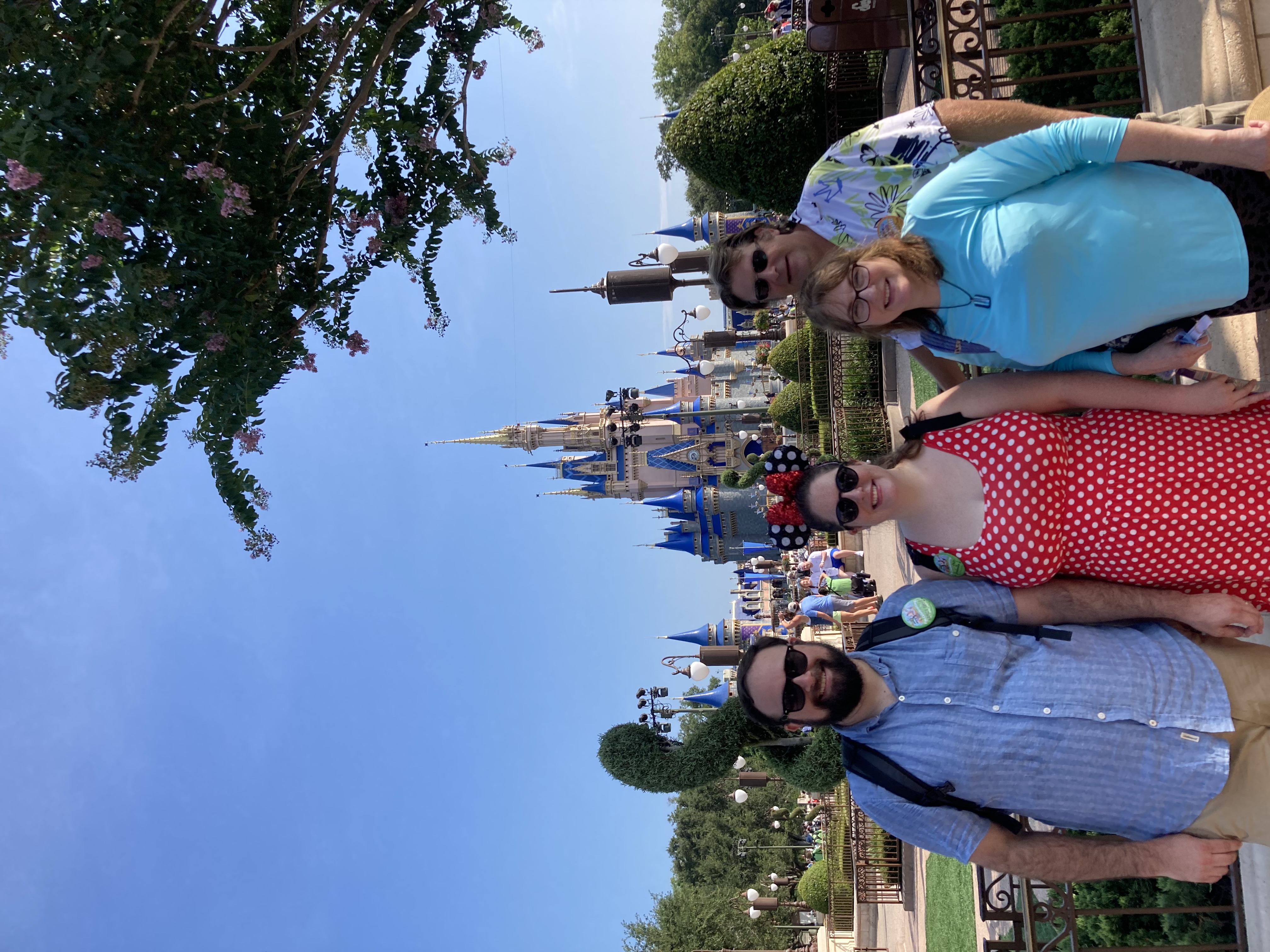 an image of 4 people in disney world in front of the castle